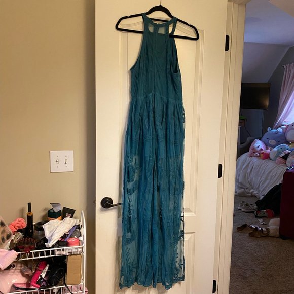 Honey Belle Long Teal Lace Overlay Romper/Dress - Picture 3 of 4